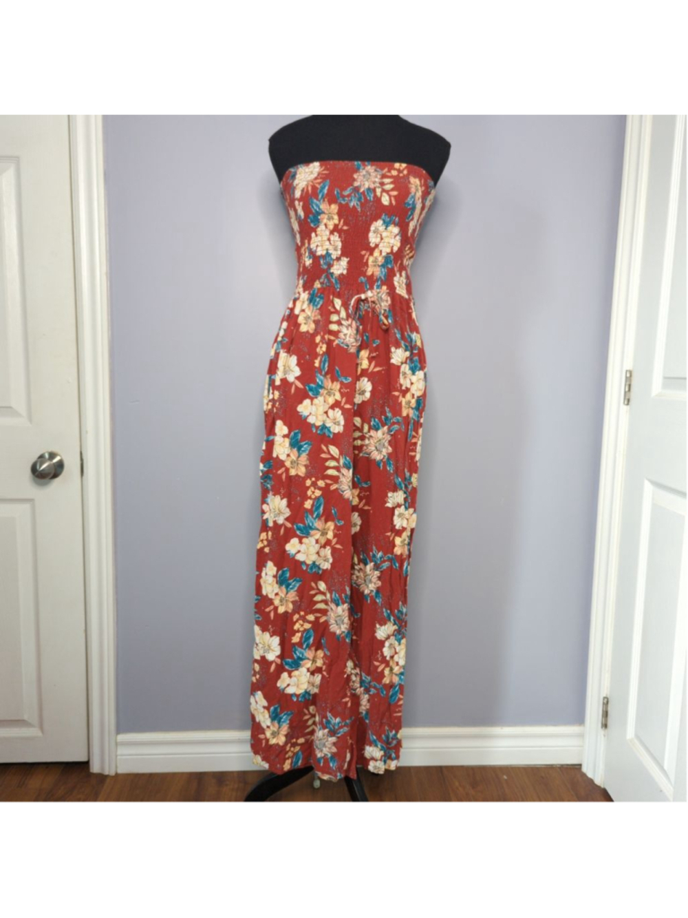 Smocked Floral Strapless Jumpsuit Sz M Wide Leg Rust Orange Boho Chic - Picture 2 of 10
